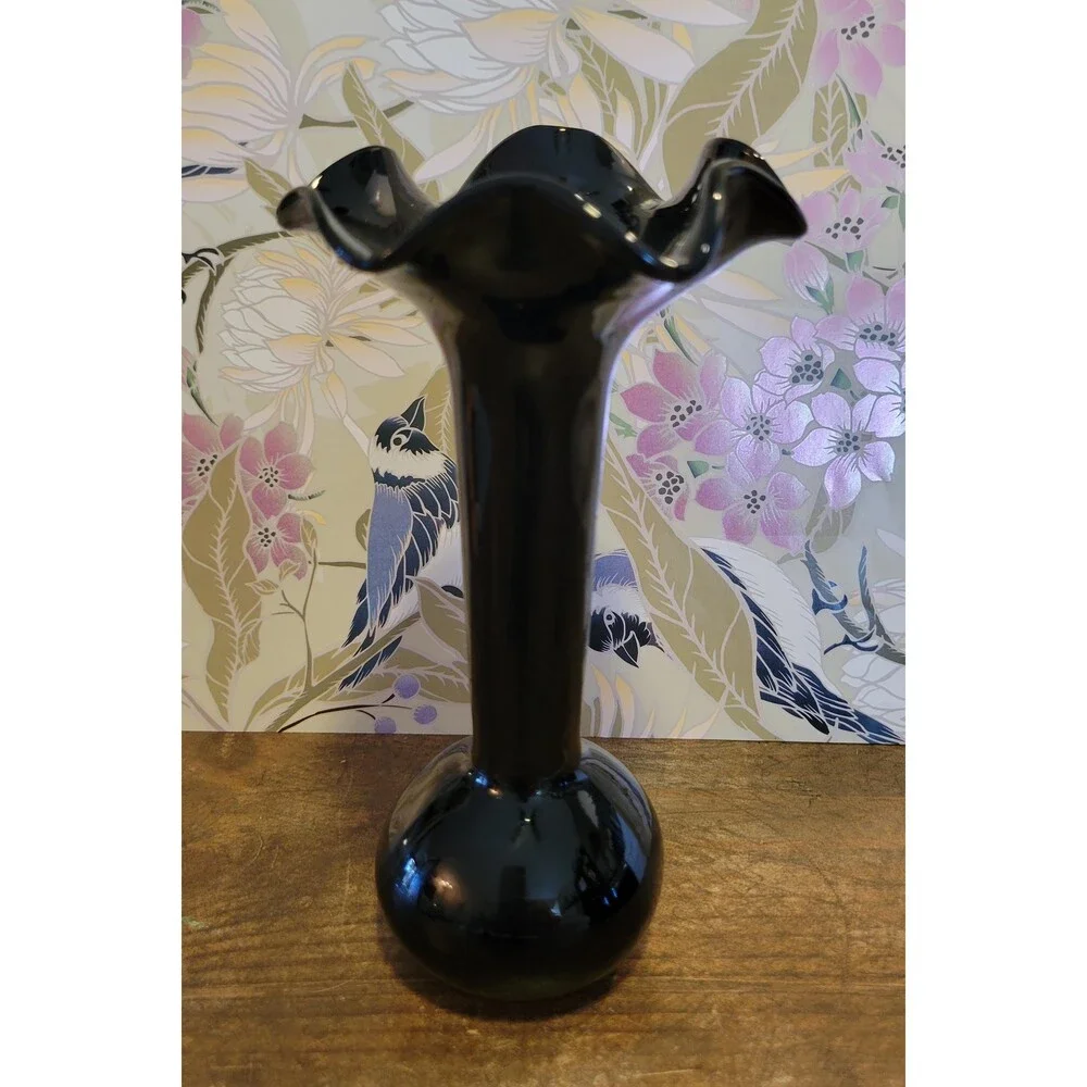 Twos Company Black Amethyst Hand Blown Glass Ruffle Vase - 1980s
